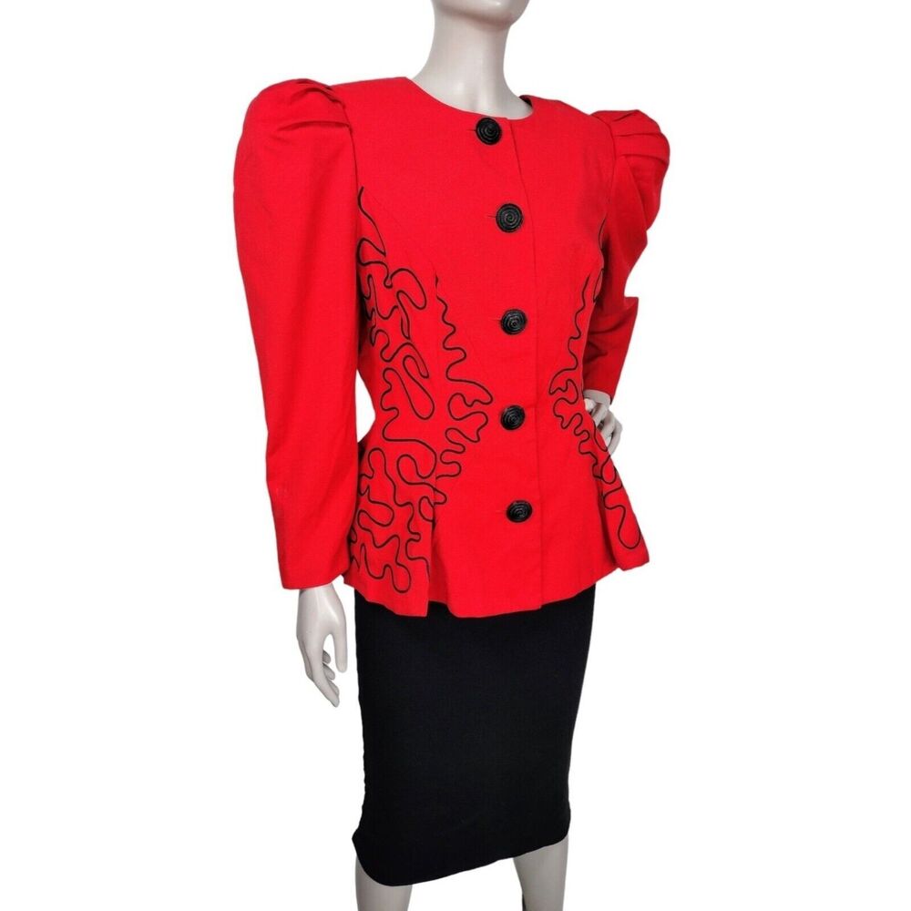 VTG 80s Does 40s Leslie Lucks Soutache High Shoulder Puff Sleeve Peplum Blazer